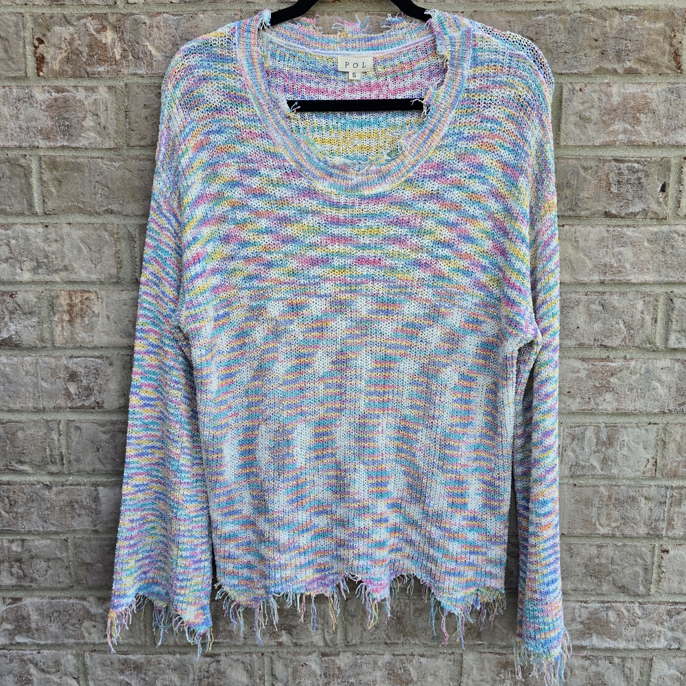 POL Womens Knit Sweater Boho Pastel Rainbow Cottagecore Fringe Oversized Small